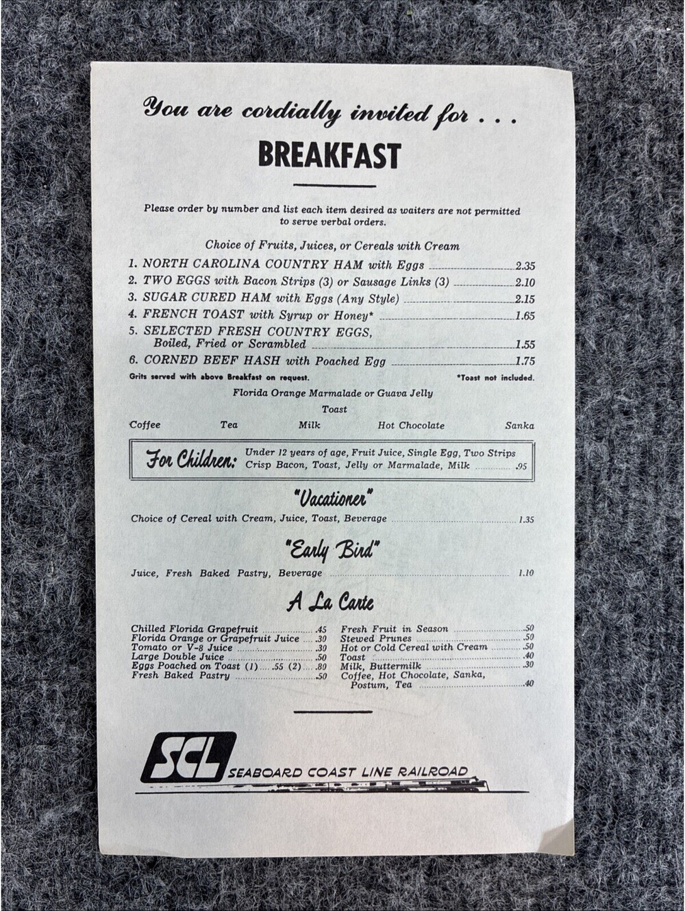 Vtg 1960s Seaboard Coast Line Railroad SCL Dining Car Breakfast Menu Flyer